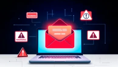 Ilustração de um laptop com um envelope vermelho ao centro e alertas de aviso em destaque, sugerindo problemas de entrega. Visual sobre como evitar que o e-mail da sua empresa caia na blacklist.